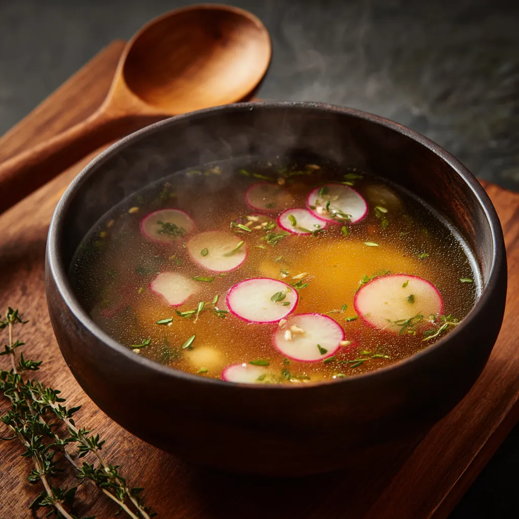 Steam subtly rising from the tawny-colored soup, highlighting the round slices of radish floating on top - their rosy edges and white centers creating a visual contrast. Green specks of thyme and thin scallions scattered sporadically catches the eye. The bowl sits on a dark wooden table, a thyme sprig and a wooden ladle lie purposely nearby.