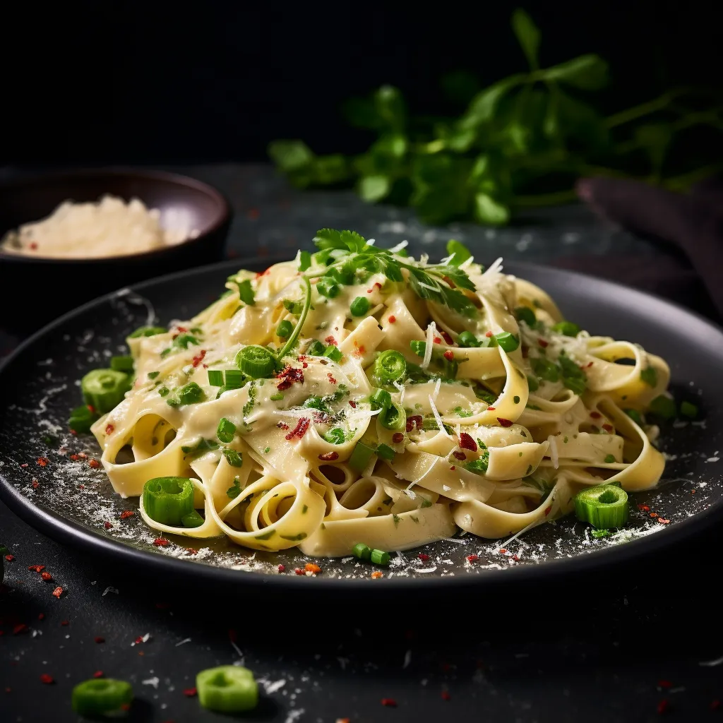 A steaming plate of ribbon-like fettuccine, covered in a creamy off-white sauce, dotted with green specs from the celery and red from the paprika. A sprinkle of shredded parmesan, some finely chopped parsley and a final touch with a celery leaf on top adding a pop of colour giving it an appealing appearance that calls for a photo.