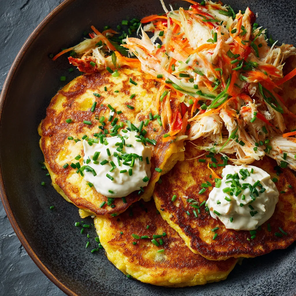 Golden brown fluffy pancakes generously filled with luscious crab meat. A dollop of cream cheese on top dollops elegantly, highlighted by vibrant hints of fresh chopped chives. Bright and crunchy apple slaw adds a pop of contrasting color.