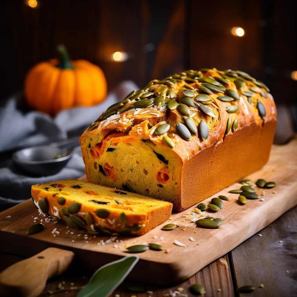 A perfectly crusty bread loaf, with its warm brown tones striking against a rustic wooden board. The top is adorned with toasted pumpkin seeds, adding a dash of green and contrasting texture. When cut, the inside reveals an appealing golden-orange hue from the butternut squash, interspersed with fine, aromatic pieces of sage.