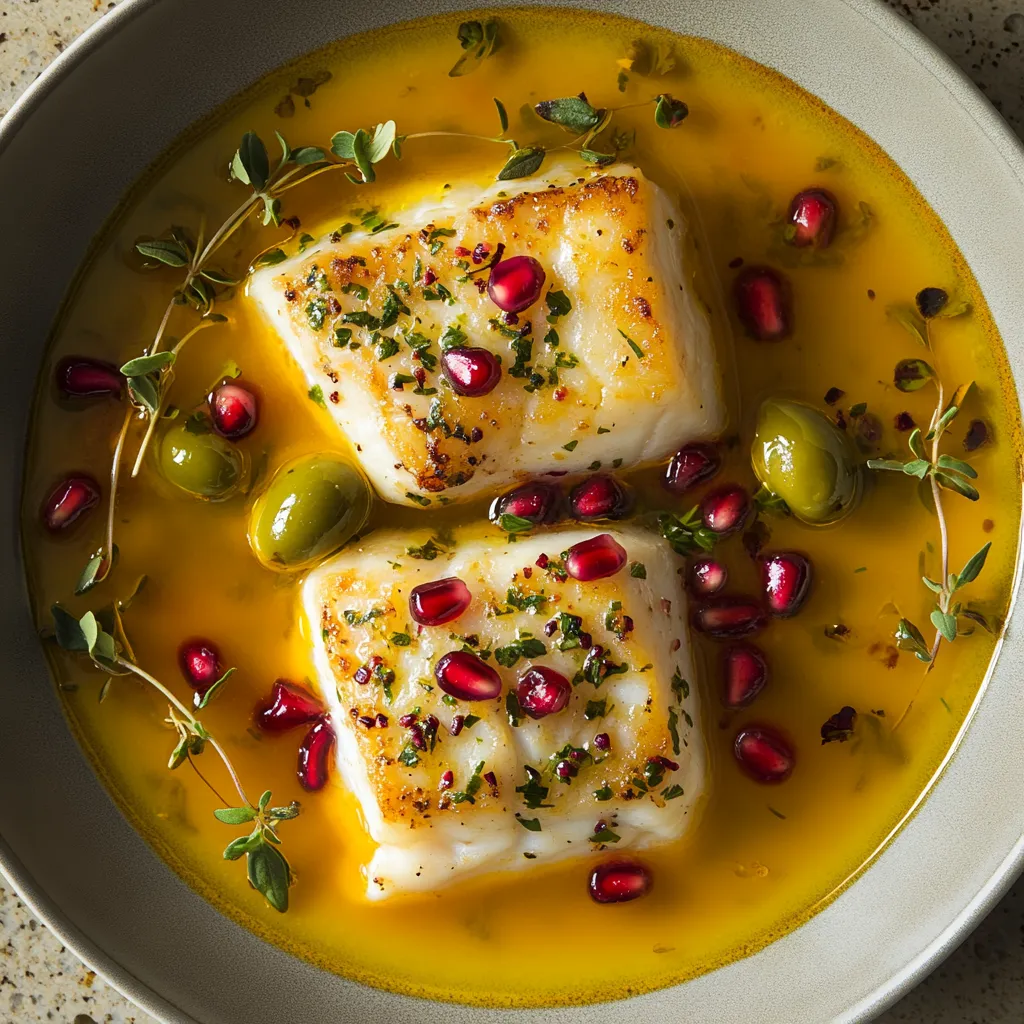 A vibrant dish garnished with ruby-like pomegranate seeds atop perfectly cooked white cod. The saffron broth lends a warm golden hue, scattered with green olive slices. Sprigs of fresh herbs punctuate the plate, giving it a rustic charm.