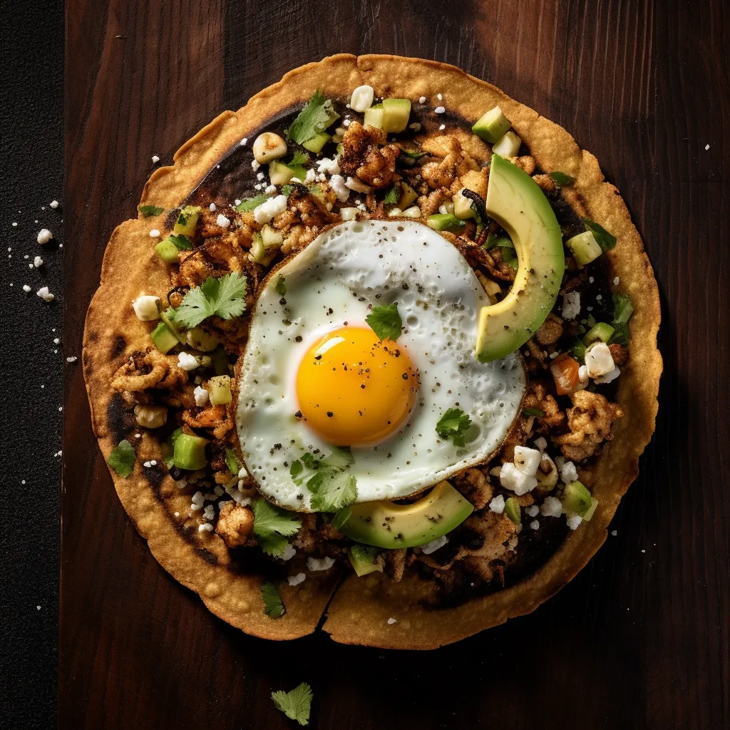 A crispy fried corn tortilla topped with mashed avocado, black beans, a fried egg, and a sprinkle of chopped cilantro and crumbled cotija cheese.