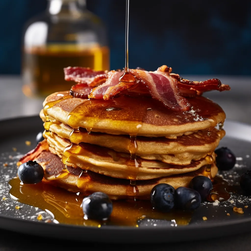 Stack of golden brown pancakes with crispy bacon and blueberries on top, drizzled with maple syrup