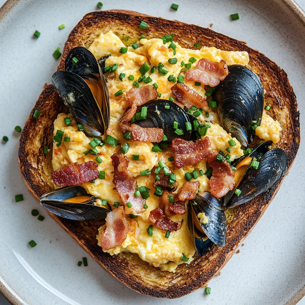 A beautifully toasted bread slice sits at the center. Scrambled eggs, lightly golden and fluffy, are generously piled on. Jewels of bright orange bacon bits and dark, glossy mussels peep through. A sprinkle of chopped chives crowns the dish. Everything is artfully presented on a rustic white plate, contrasting with the dark rye bread and vivid mussels.