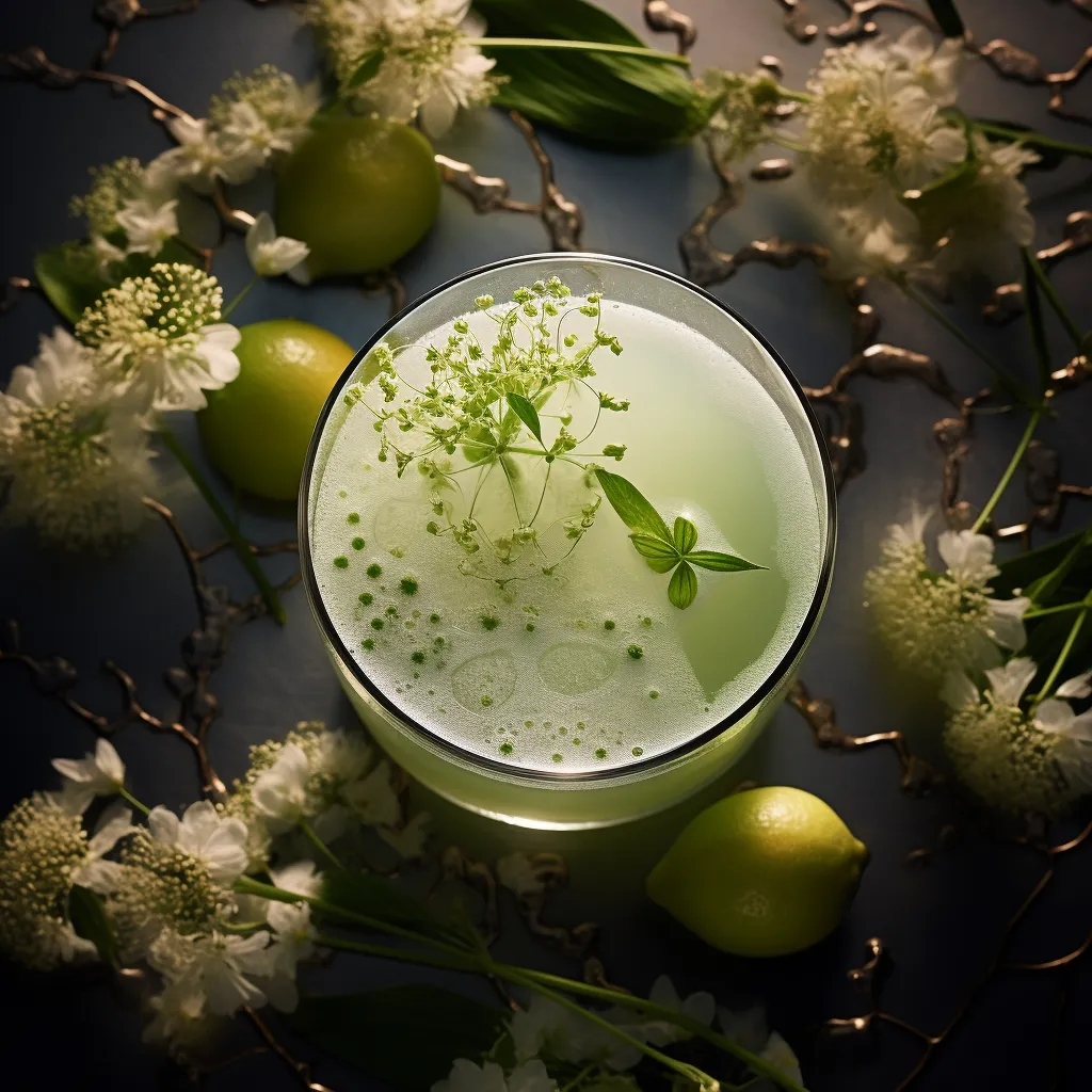 A foggy glass tumbler with a mesmerizing green-tinged amber liquid, garnished with a sprig of chervil resting elegantly on top, surrounded by finely sliced pear half-moons. A few droplets of dew icing the glass, their radiance highlighting the intricate, liquid jewel within.
