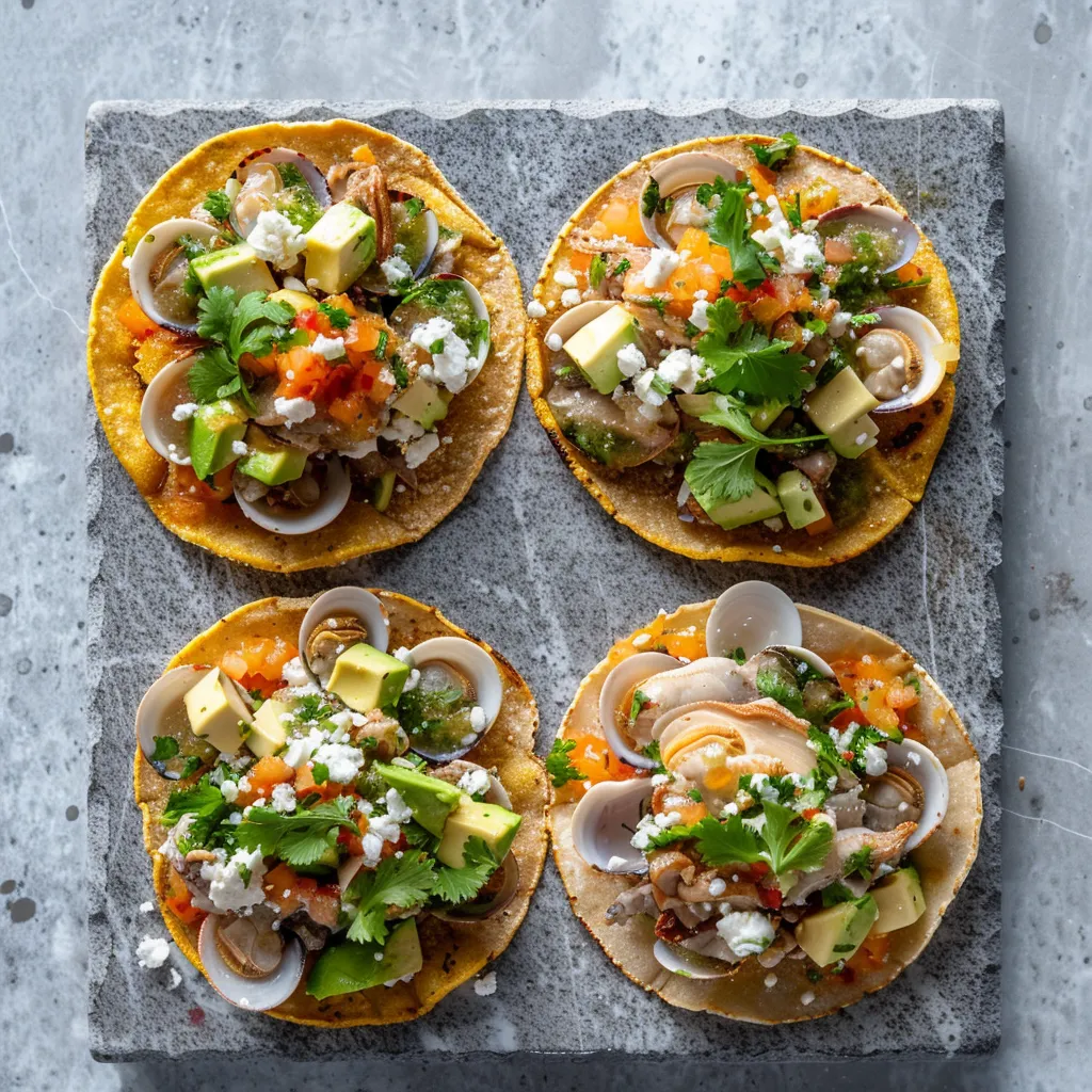 A quartet of round golden tostadas sit upon a modern light grey stone platter. Each tostada is piled high with tender pink and white clam pieces, contrasting with the vibrant orange and green from a fresh citrus salsa. Crumbled white cheese and a sprinkling of finely chopped, vibrant green cilantro leaves top the ensemble which is dotted with small cubes of ripe avocado.