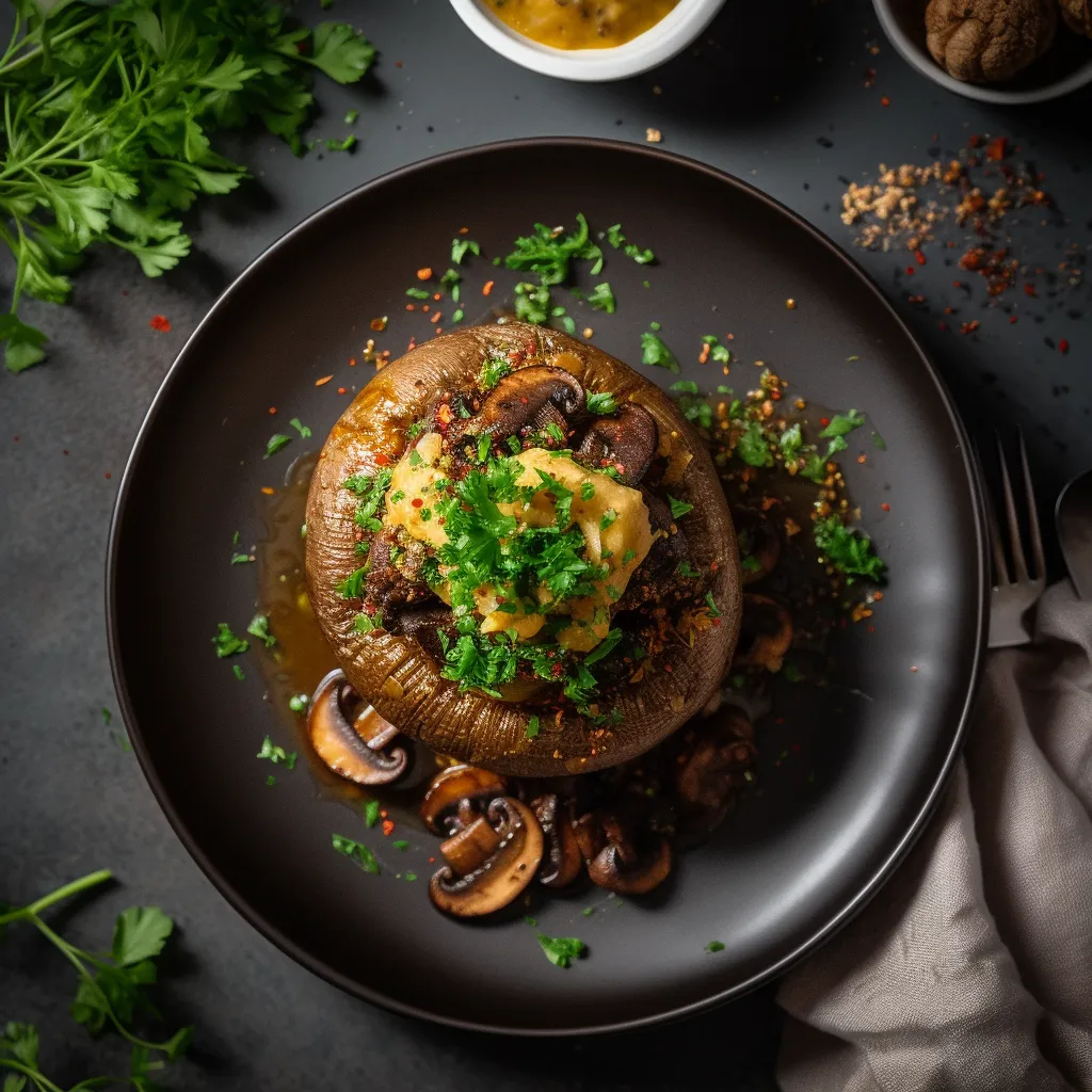 The baked potatoes are halved and filled with the steaming mushroom ragout, which has a rich dark color and is topped with freshly chopped herbs.