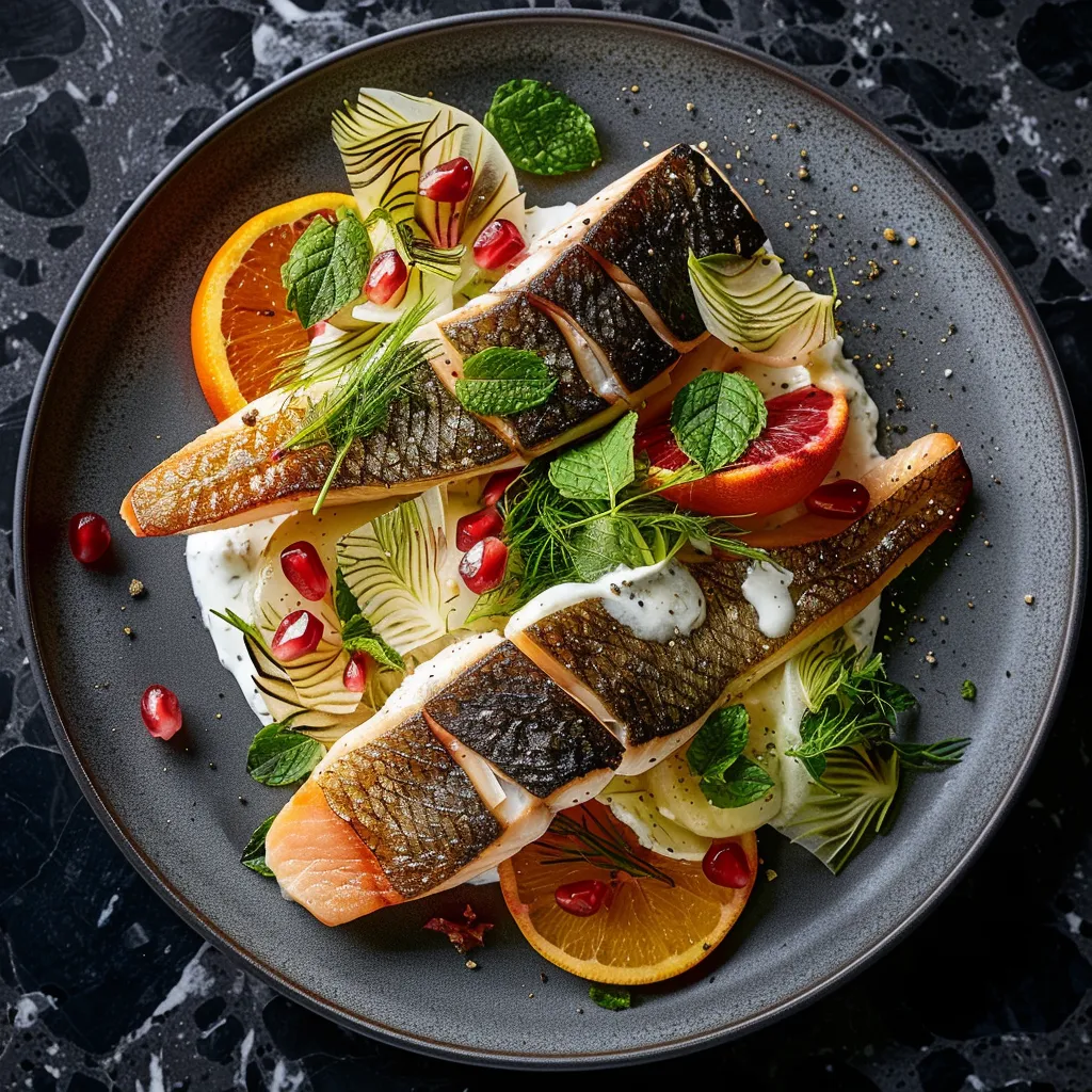 Imagine an inviting plate with elegantly arranged slices of sea bass exuding a golden hue, its surface glistening from light olive oil gloss. Beside it lies a vibrant salad, a feast of colors with thin slices of red oranges, pale green fennel, and dark green mint leaves, sprinkled with ruby-like pomegranate seeds. A gentle dollop of silky tzatziki aioli hued with a dab of green from fresh dill anchors the scene, artfully smeared on the plate.
