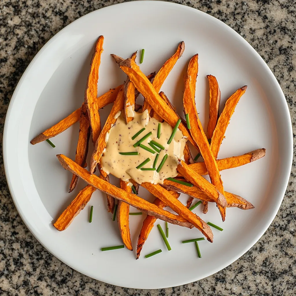 A view from above reveals oven-baked sweet potato fries artistically scattered on a bright white ceramic plate, their orange color contrasting starkly with the plate. The vibrant chipotle aioli drizzled over presents an appealing color fusion. Fresh green chives provide a final flourish.