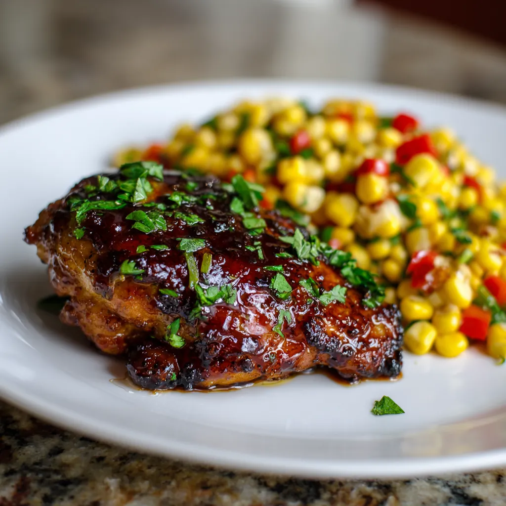Glistening Balsamic BBQ Chicken thigh sits on the plate, lacquered with a deep, dark layering of aromatic sauce. Beside it, the Parsley-Infused Corn Relish - yellow corn kernels studded with vibrant pops of green parsley and red bell pepper catch the eye. All of this contrast beautifully against a simple, white plate.