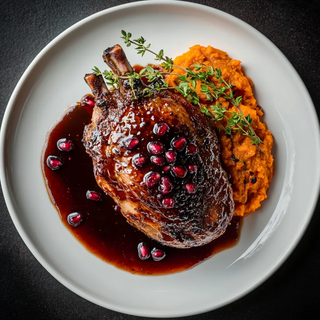 On a white, circular plate, lies a beautifully caramelized, slightly charred BBQ Duck half, topped with a glossy pomegranate glaze that reveals the duck's crispy texture. Served with vibrant purple pomegranate gravy and burnt orange sweet potato purée on the side, garnished with fresh green sprigs of thyme and ruby-like pomegranate arils scattered liberally.