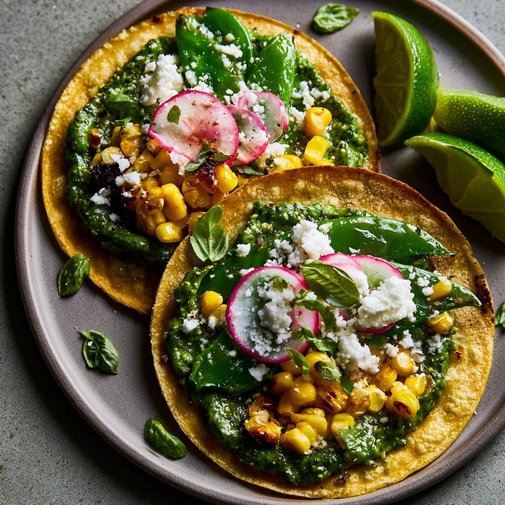 Basil Pepita Salsa Verde Tostadas with Blistered Corn & Snap Peas