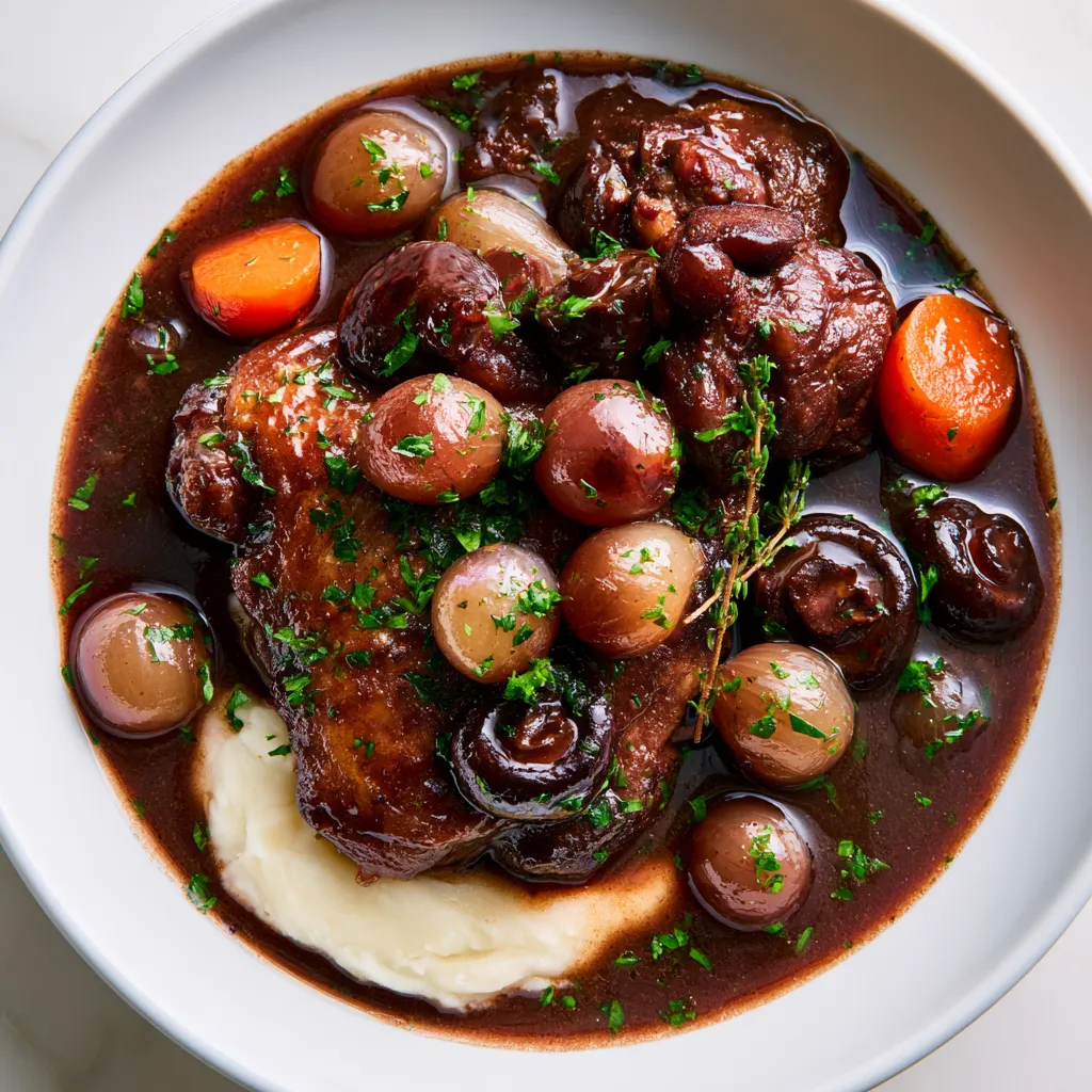 From above, the dish shows bronzed chicken nestled in a deep mahogany wine sauce, dotted with glossy pearl onions, caramelized mushrooms, and orange carrot rounds, finished with chopped parsley and thyme. It is plated in a wide white shallow bowl with a small mound of silky mashed potatoes underneath, creating dramatic contrast and a refined bistro look.