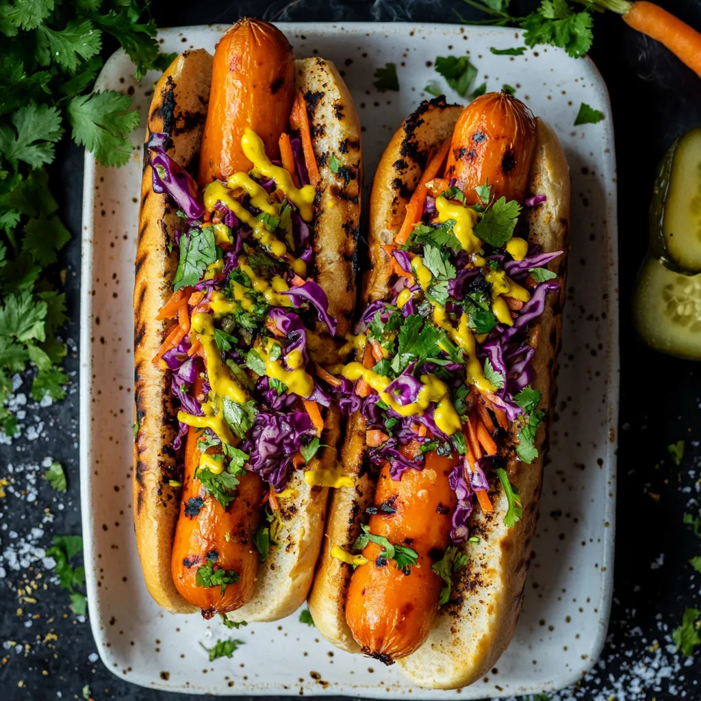 Two grilled carrots nestle in lightly toasted whole wheat buns on a rectangular, minimalist white plate. They're topped with a crisp, colourful coleslaw of shredded red cabbage, bright carrot strips, and verdant cilantro leaves. Dollops of tangy yellow mustard, ketchup and a drizzle of vegan mayo dress the vegan dogs. The plate is garnished with a side of pickles and the background adds contrast with deep green herbs and swirling smoke.