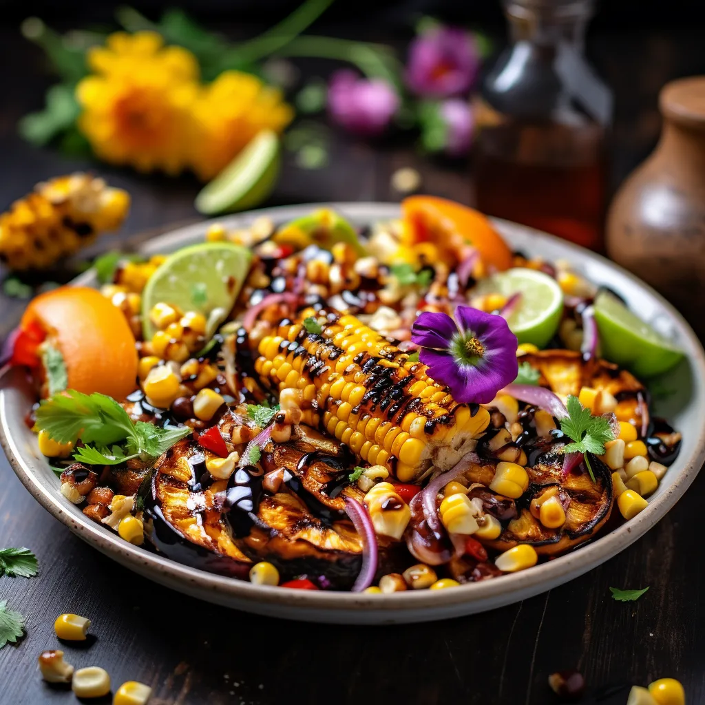 A vibrant plate filled with charred corn kernels and juicy diced peaches, in a symphony with crispy black beans. Drizzled with smoky, tangy BBQ sauce and garnished with fresh cilantro, colorful edible flowers and a squeeze of lime, it's a feast for both the eyes and taste buds.