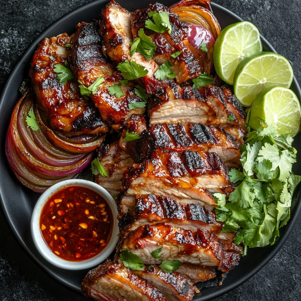 Vibrant slices of BBQ-glazed pork rest atop a bed of brilliantly charred onions. The onions are a deep, almost smoky color, contrasting with the red sheen of BBQ and the sprinkling of fresh, green herbs on top. Slices of lime and a side of dipping sauce grace the edges of the platter.