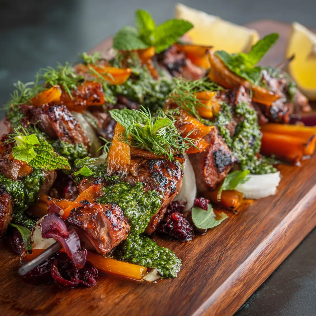 Bursts of emerald dill chutney and carmine lamb skewers arranged meticulously on a rustic wooden platter. Lumps of pickled carrot and onion add a colorful contrast. The skewers, charred just right, exhibit strokes of toasted hues. The backdrop is garnished with mint leaves and lemon wedges.