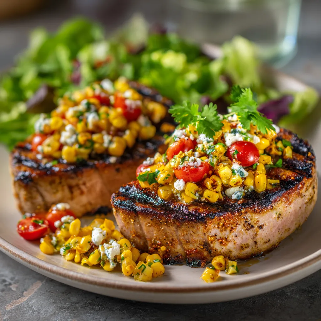 Two wholesome tuna steaks, each with a delectably charred surface and a juicy, tender center, dressed with vibrant yellow corn salsa with radiant red cherry tomatoes, chopped fresh cilantro, and a sprinkle of feta cheese. A side of crisp lettuce brings a cool, refreshing contrast against the warm, smoky fish and salsa. The overall palette suggests summertime, liveliness and health.