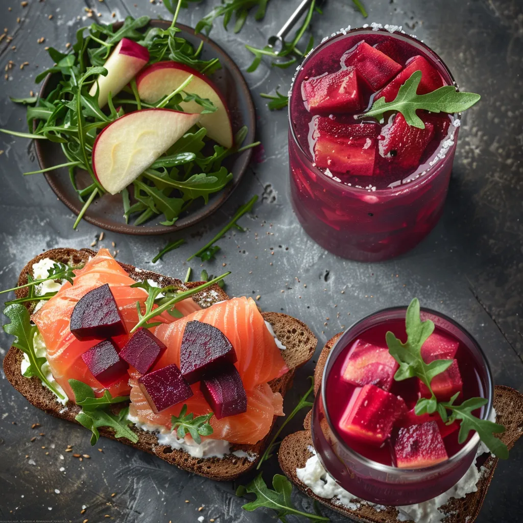 A bright tableau of food featuring pink-hued salmon slices neatly arranged atop brown rye toasts smeared with creamy white goat cheese. On top, vibrant green arugula leaves and underneath, a smattering of dark purple beetroot cubes for garnish. Next to it, a tall glass of vibrant reddish beetroot juice with a green apple slice on the rim and a sprig of mint floating on top.