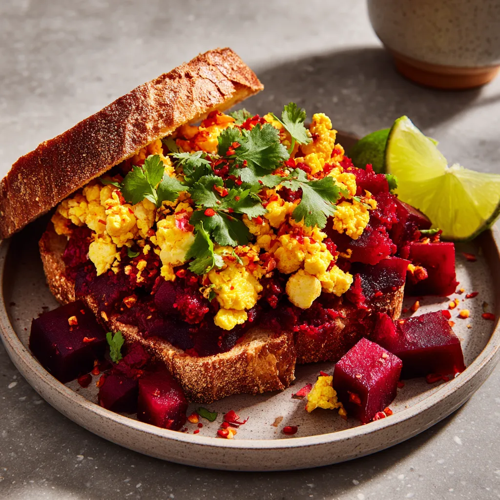 A stunning tableau of a rich beet-red hash contrasted by jolts of yellow tofu scramble peeping from the crispy, golden half sandwich. The dish is accented with bright specks of green coriander and red chili flakes. A lime wedge placed strategically on the side of the plate pops a dash of summery green.