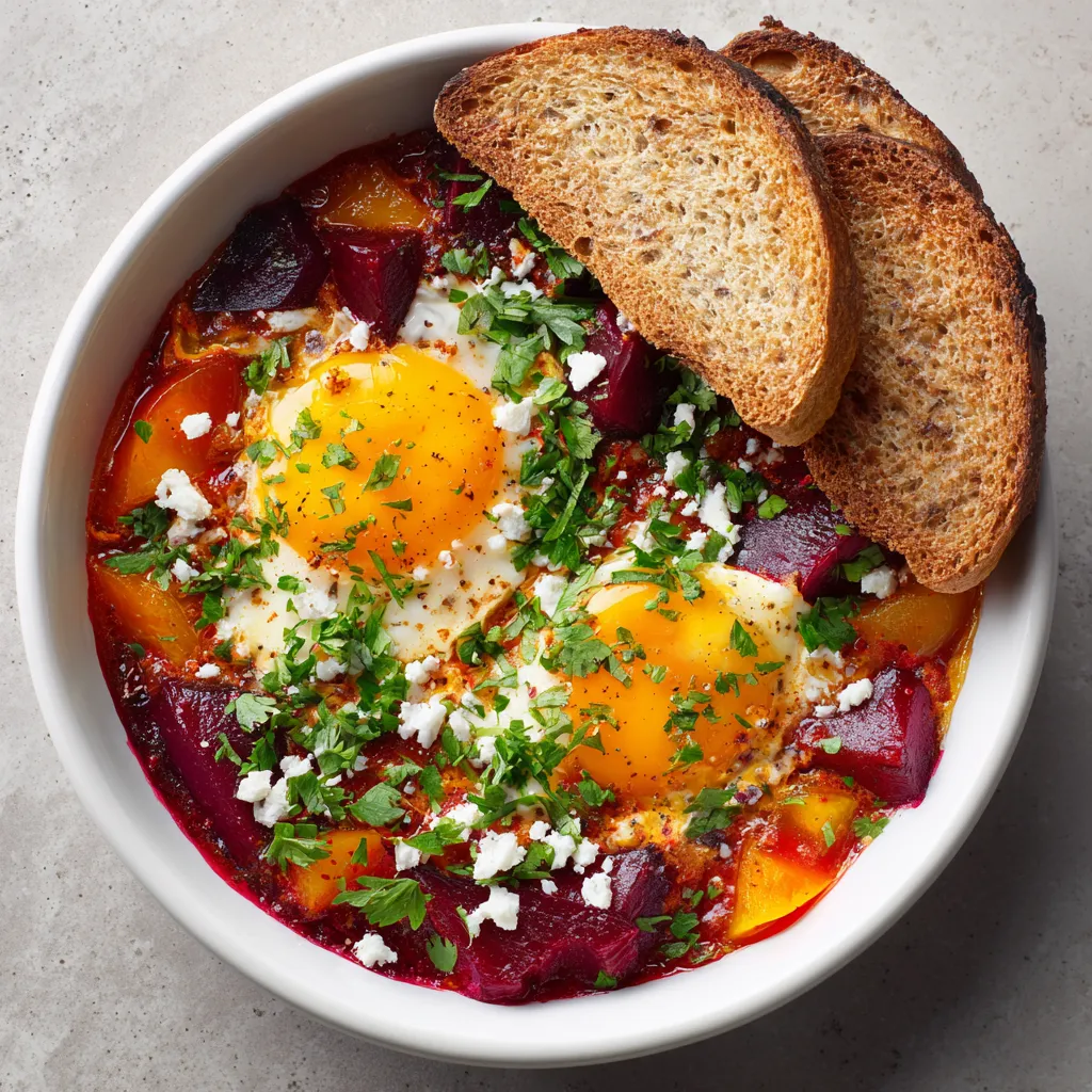 A stunning rhythmic dance of deep ruby red and vibrant orange colors in a white, shallow bowl partnered by golden brown whole wheat toasts on the side. The dish is beautifully garnished with a sprinkle of green parsley and dotted with white feta cheese