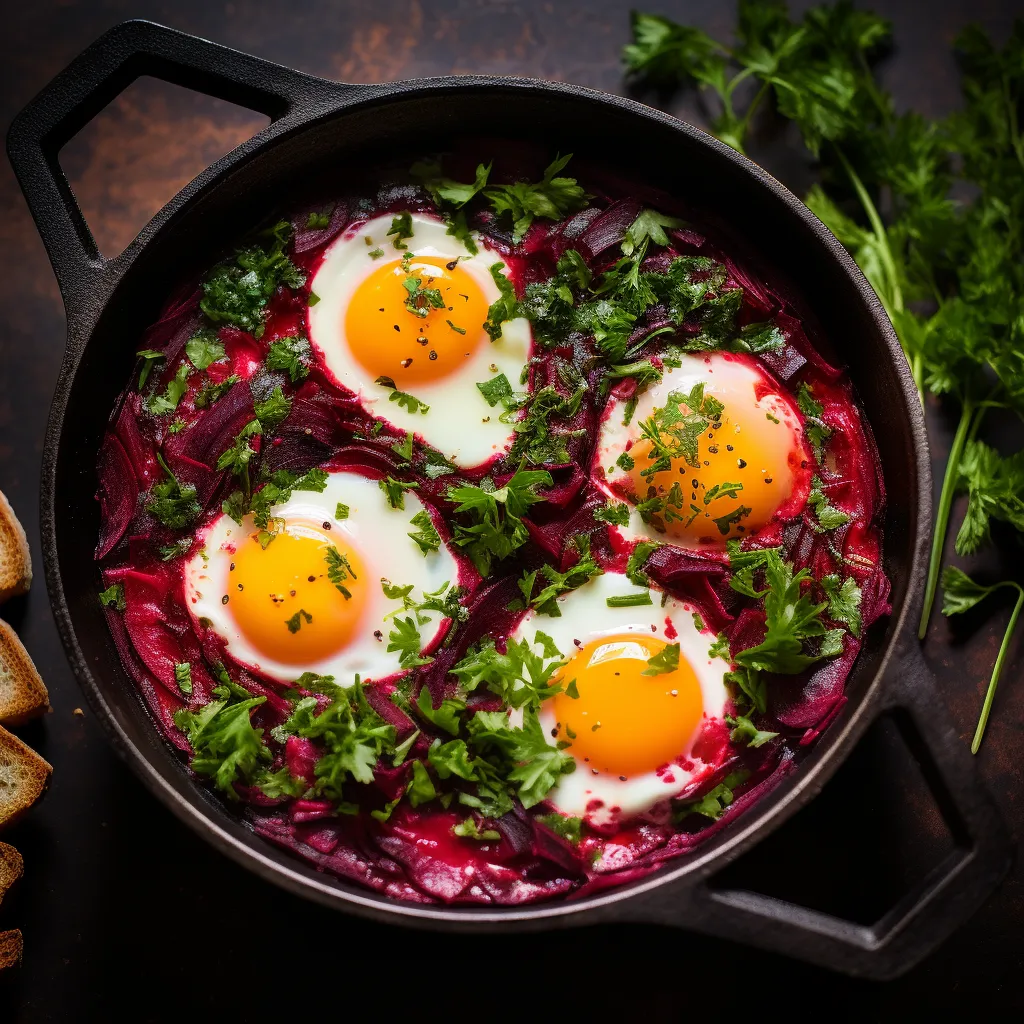 An artful display of egg nests gently nestled into a spicy beetroot sauce full of contrasting colors from vibrant red beetroot puree against stark white round egg yolks and a sprinkle of deep green parsley leaves. Served in a rustic cast-iron skillet evoking warmth and heartiness.