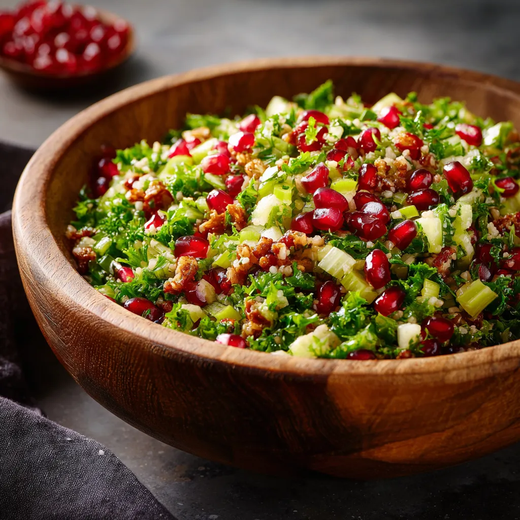Jewel-like pomegranate seeds are scattered atop a bed of vibrant green chopped leek and bulgur salad. Flecks of ruby red against specks of emerald green, surrounded by a rustic hewn wooden bowl. A drizzle of lemon-tahini dressing adds a glossy sheen to the scene.