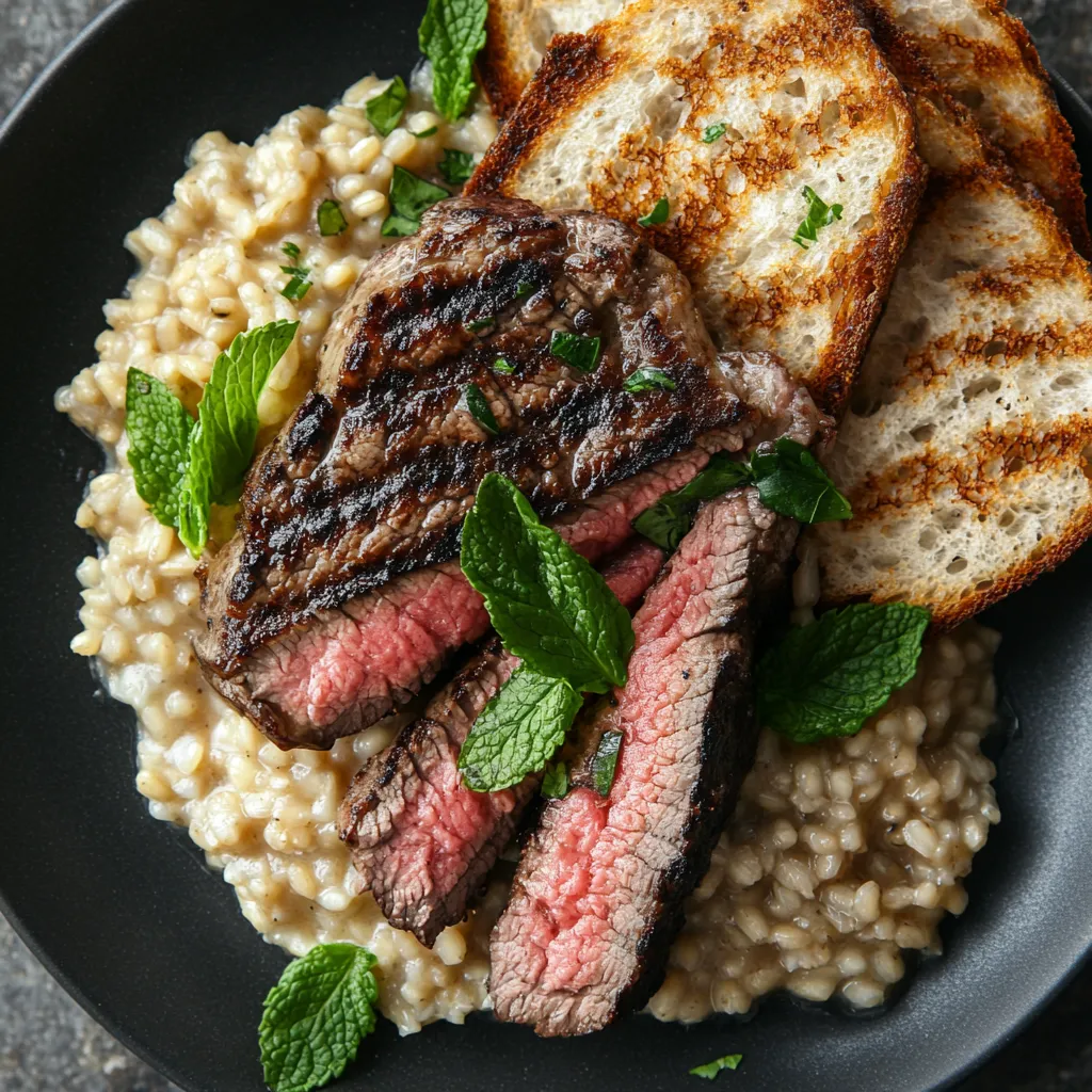 A perfectly seared bison steak sits atop a bed of creamy, mint-infused barley risotto. The barely visible mint leaves sprinkles on the steak and the risotto bring a slight green contrast to the brown ensemble. Slices of fresh, toasted rustic bread on the side, complete this delectable looking dinner plate.