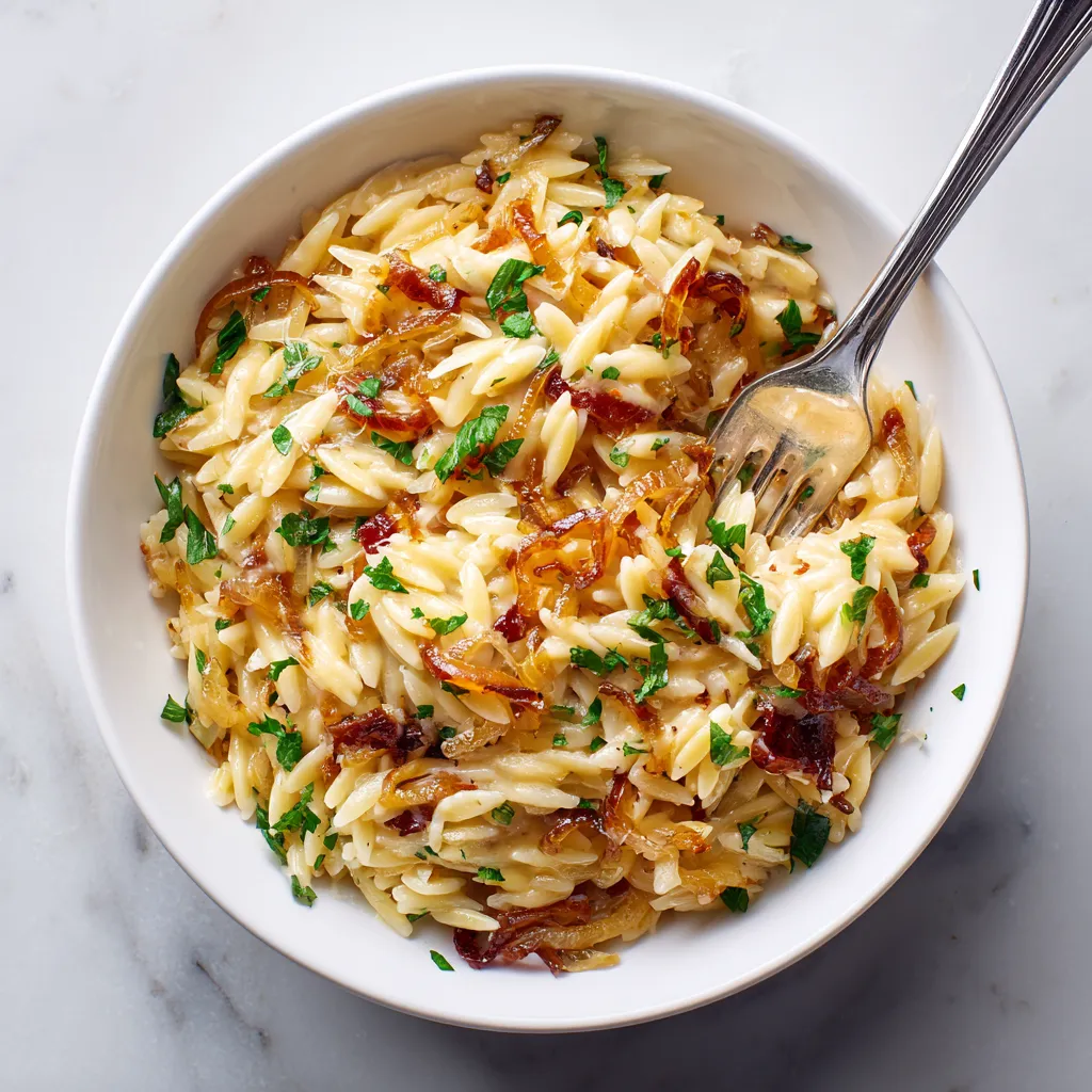 A white bowl filled with creamy orzo pasta is studded with caramelized onions in rich hues of amber. A sprinkle of fresh parsley adds a pop of green. Melted Gruyère cheese strings slightly as you lift a forkful, promising a mouthful of joy.