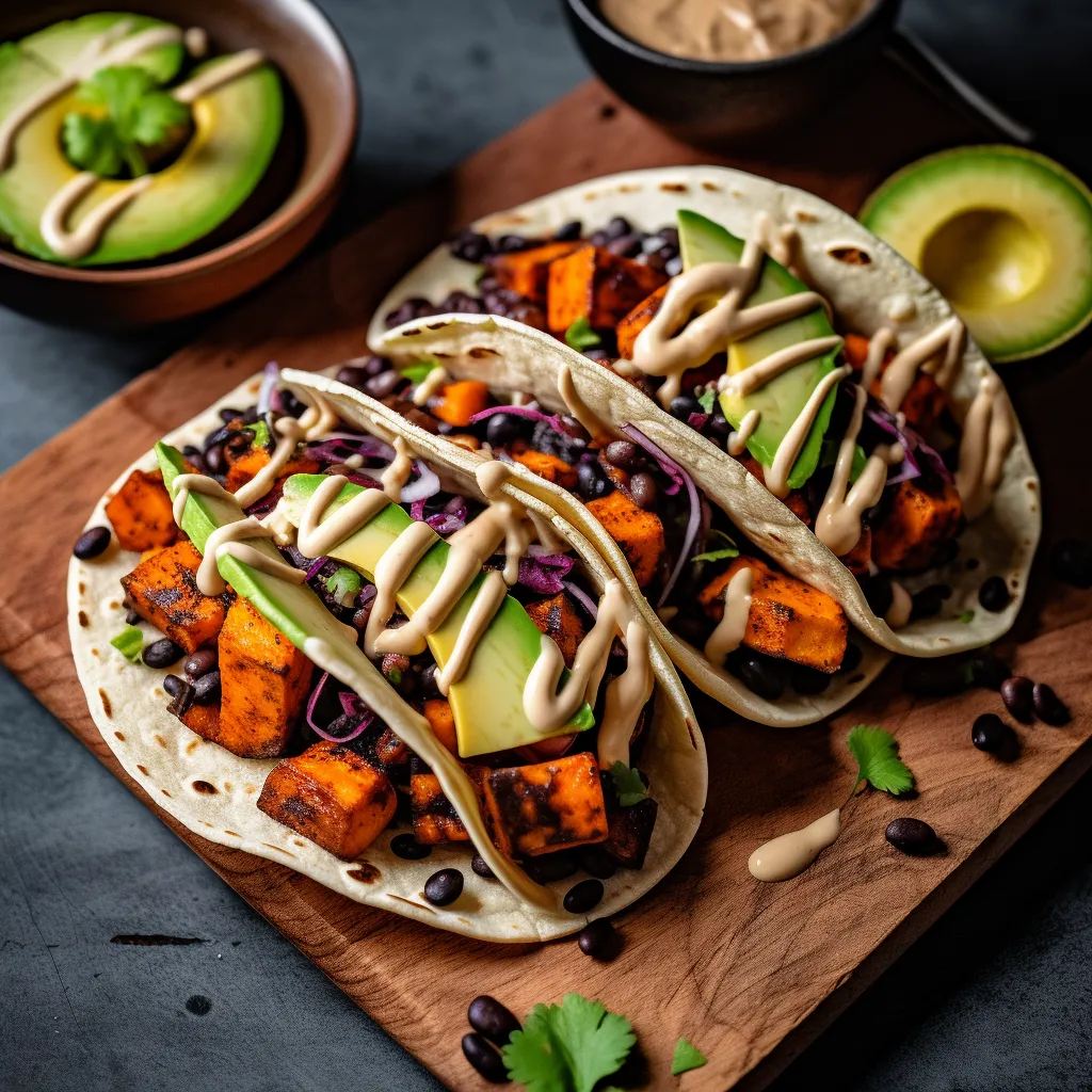 Two soft taco shells, filled with black beans and sweet potato mixture, topped with slices of fresh avocado, and drizzled with avocado cream sauce.