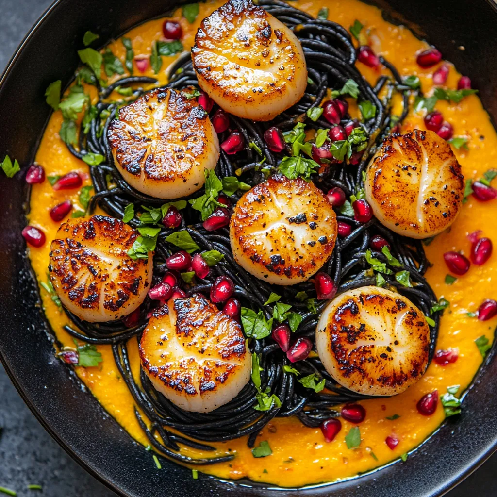 Looking down, you will see glossy black linguine strands nestling plump, golden scallops, bathed in a vibrant orange sauce. Scattered crimson pomegranate seeds add punchy color and a sprinkling of fresh green herbs adds a final flourish.