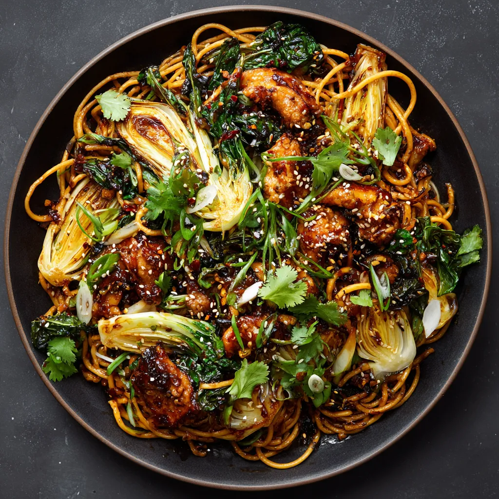 From above, a shallow platter of tangled glossy noodles topped with burnished soy-black vinegar chicken pieces, fanned golden kohlrabi wedges, ribbons of wilted greens, scattered scallions, sesame seeds, cilantro leaves, and tiny ruby flecks of chili crisp oil glistening around the edges.