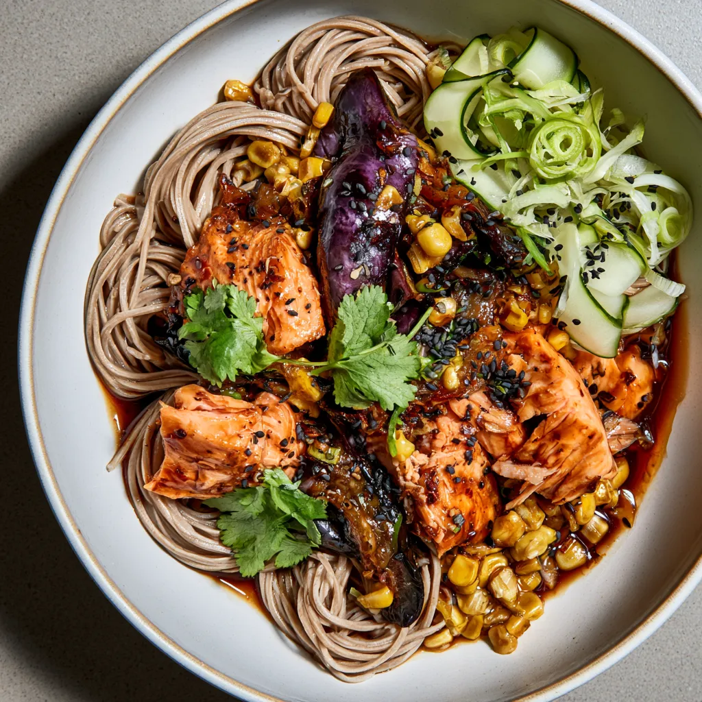 From above, a shallow bowl filled with neat swirls of soba noodles, topped with burnished glazed salmon flakes, deep purple blistered eggplant, golden corn kernels, pale green cucumber ribbons, scallion curls, black sesame seeds, and bright cilantro leaves, all glistening with a dark glossy sauce.