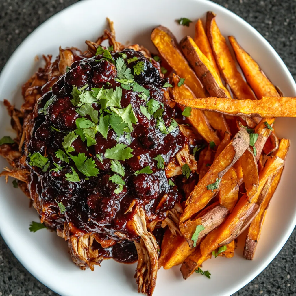 Glistening pulled chicken piled high on a stark white plate, cloaked in deep purple blackberry barbecue sauce. The vibrant hues of the blackberries catch the light, while flecks of fresh cilantro add a splash of green. Served alongside, rustic hand-cut sweet potato fries provide a contrasting tinge of orange.