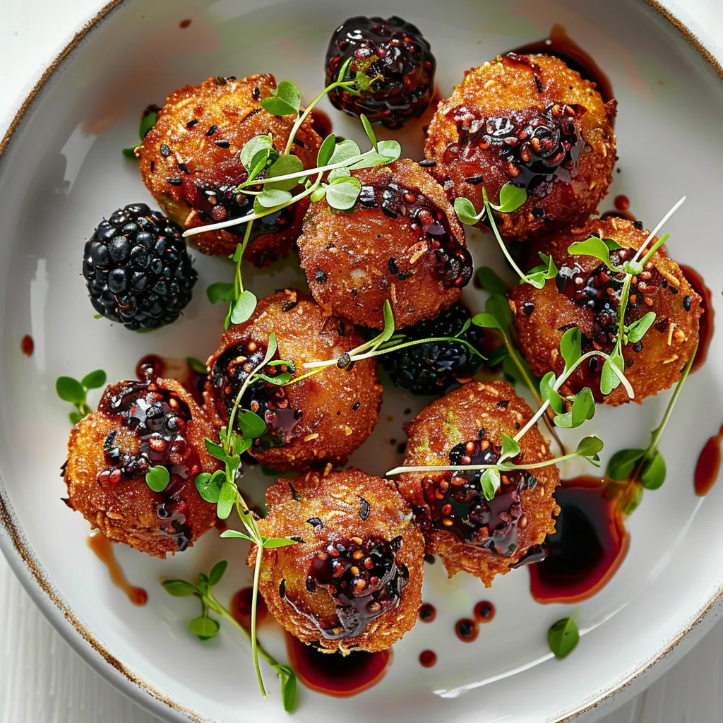 The dish features golden brown farofa balls, speckled with pops of vibrant blackberry. The blackberry glaze gives them a glossy appeal. A scatter of microgreens brings an additional fresh texture, all beautifully arranged on a minimalist white plate