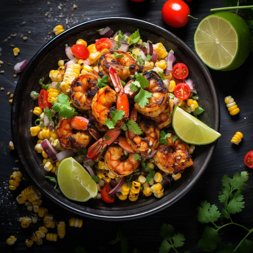 A vibrant plate with grilled blackened shrimp on a bed of fresh corn salsa, topped with a drizzle of tangy lime dressing.