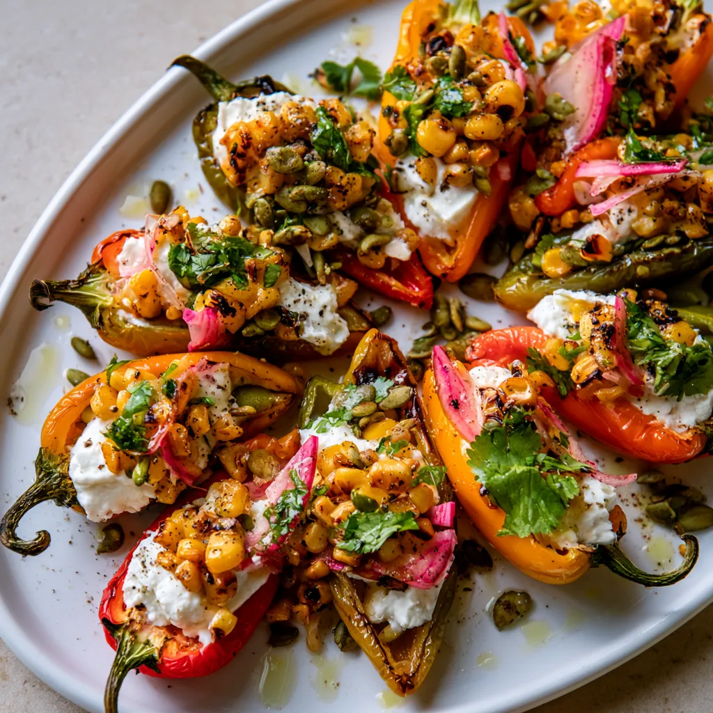From above, a platter of jewel-toned blistered mini peppers fans outward, each filled with snowy whipped cheese and topped with golden charred corn, green cilantro, pink radish slices, toasted pepitas, and a glistening lime-honey drizzle.