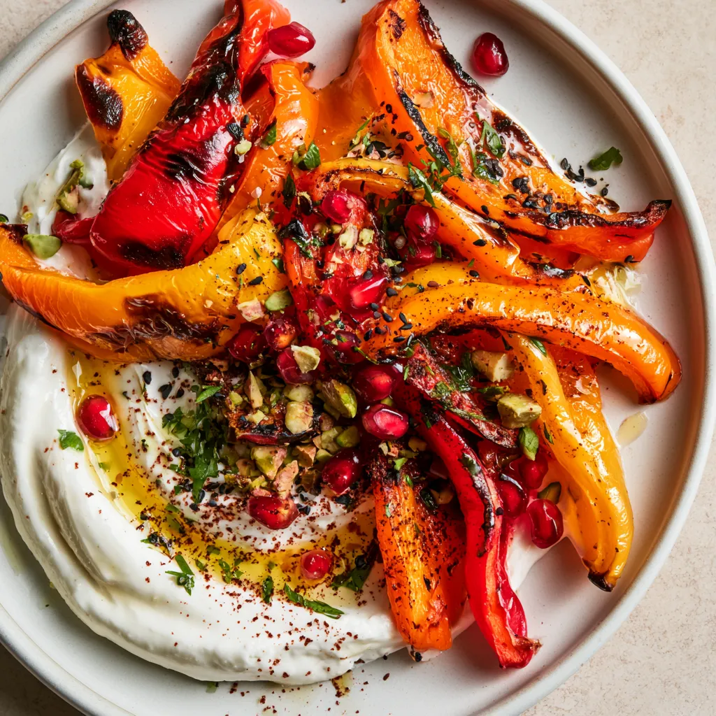 From above, a shallow platter of char-kissed red, orange, and yellow peppers fans outward over a swoosh of creamy white whipped feta, topped with emerald herbs, ruby pomegranate seeds, crushed pistachios, black sesame, and a glossy golden drizzle.