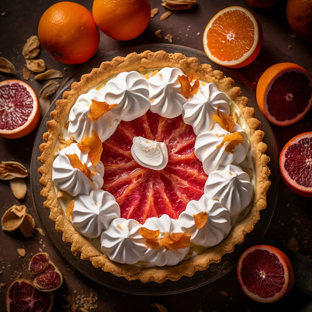 A golden brown pie crust with a bright, deep red blood orange filling, topped with a dollop of whipped cream or meringue.