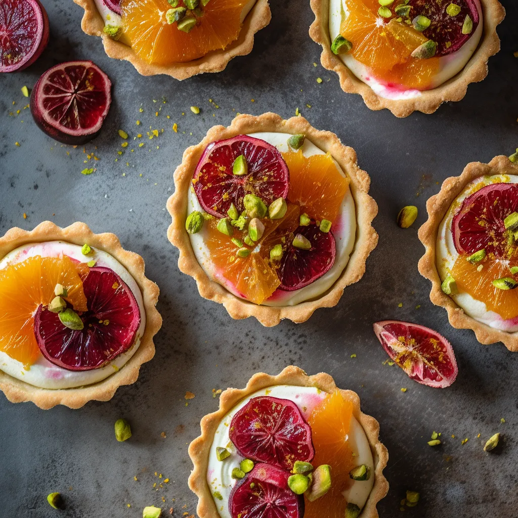 Two small, golden brown tartlets with a creamy white dollop in the center and thin wedges of blood oranges and scattered pistachios on top