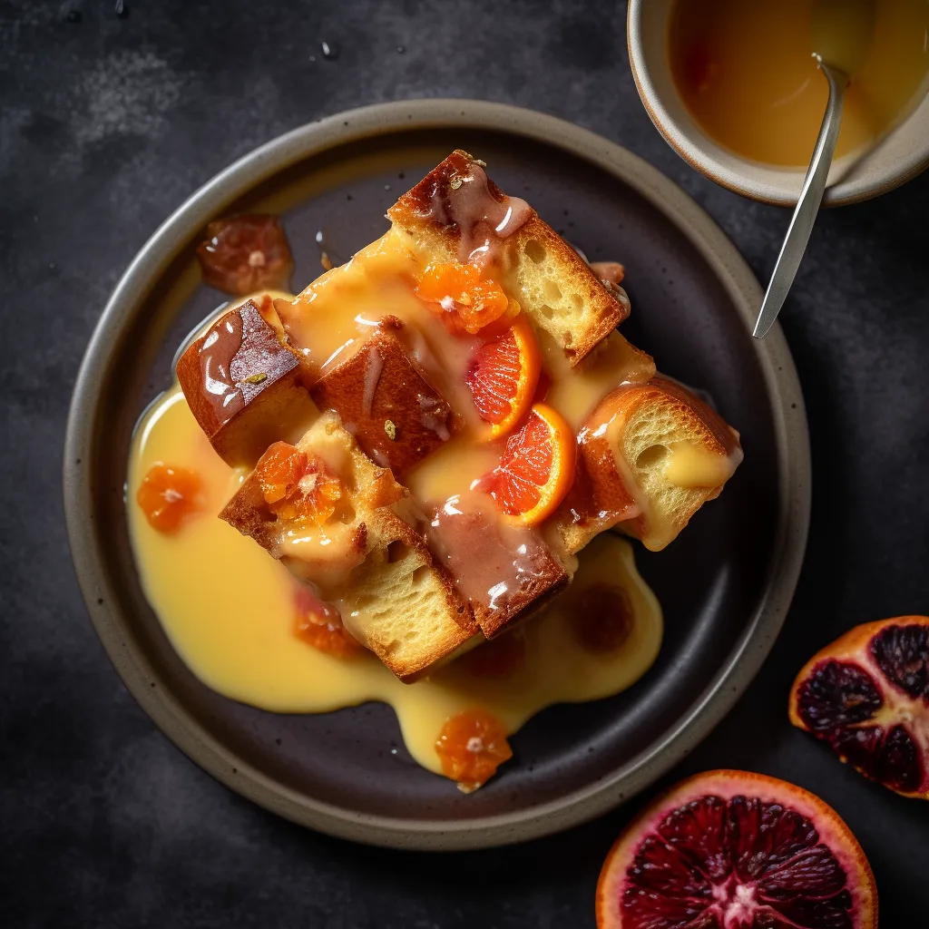 A slice of bread pudding with a top layer of golden, toasty bread cubes, underneath a layer of rich, tangy blood orange custard. The bread appears to float, cushioned on top of the custard.