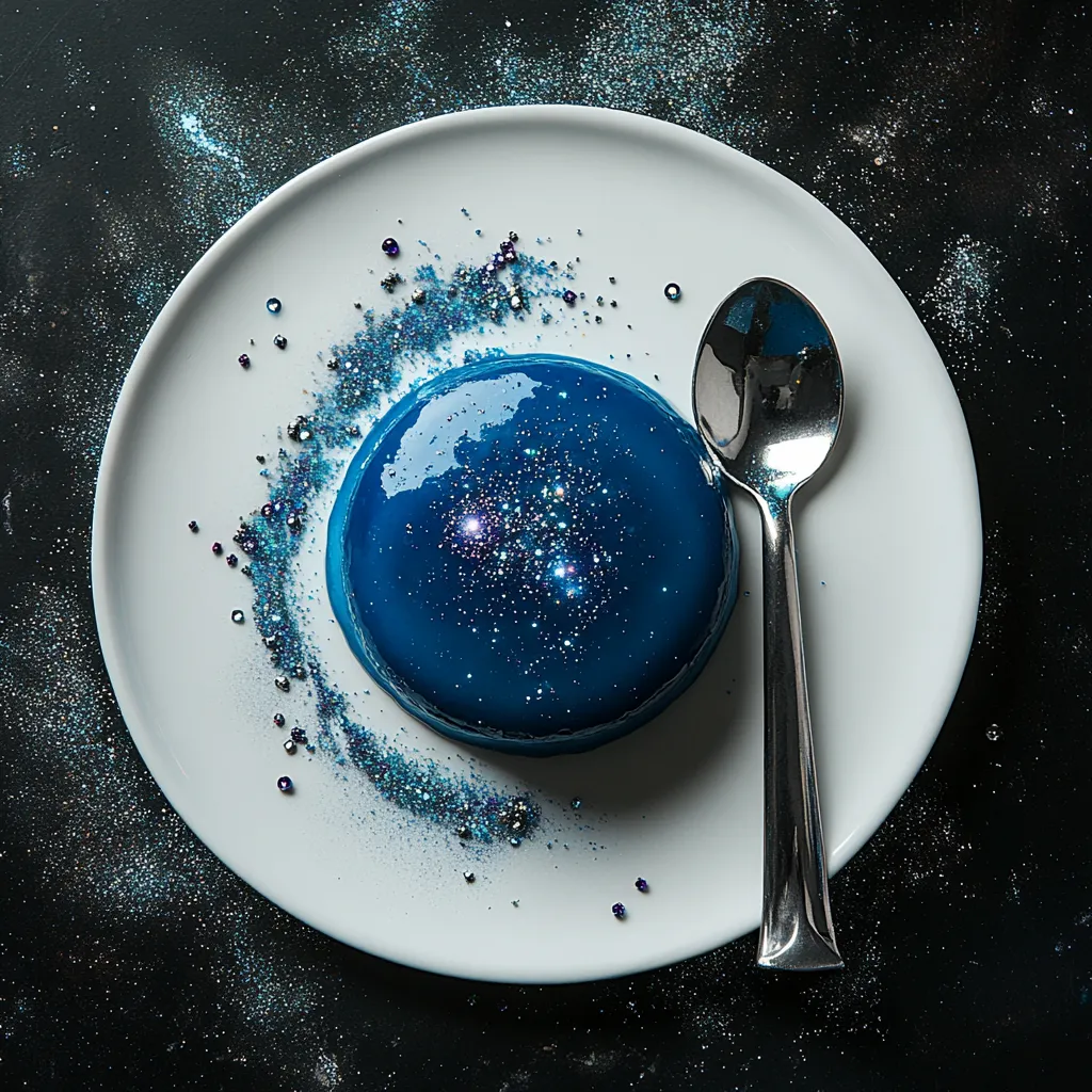 A deep blue panna cotta, gently wobbling on a bright white plate. A dusting of edible silver glitter gives the dessert an ethereal, otherworldly feel, and a sprinkling of crushed galaxy-colored edible gems imitates distant stars. Presented with a silver spoon shaped like a light saber.