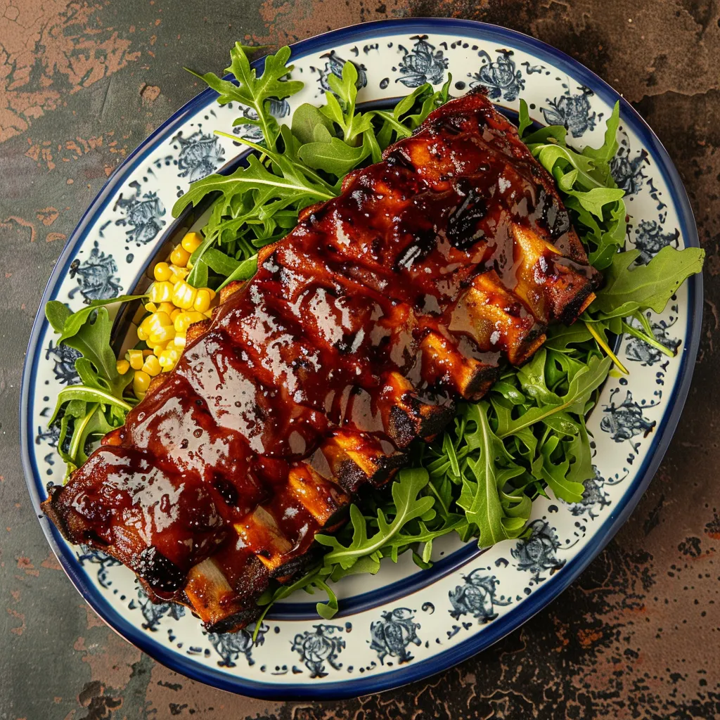 The rich, deep red of the glazed ribs, flecked with char marks and bubbly blueberry BBQ sauce, provides a vibrant contrast against the backdrop of a fresh, green arugula and yellow corn salad - all nestled in a creamy blue and white ceramic serving dish.