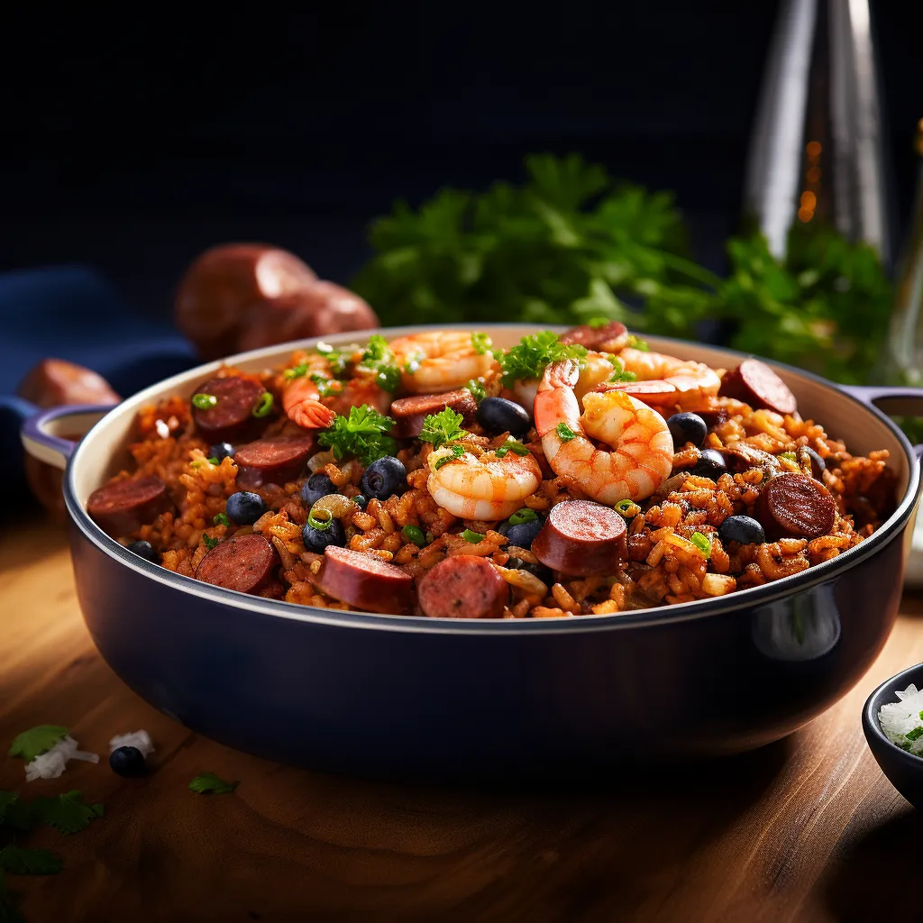 A vibrant display of reddish-brown Jambalaya glistening under the light, studded with juicy cooked shrimp and spotted with spicy sausage slices. Deep blue blueberries scattered throughout the dish give a delightful contrast. Finished off with fresh parsley sprinkled on top providing a burst of verdant hue. Ideal for an Instagram splash!