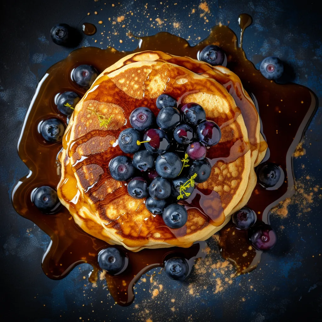 Golden pancakes topped with a heap of fresh blueberries and a drizzle of maple syrup.