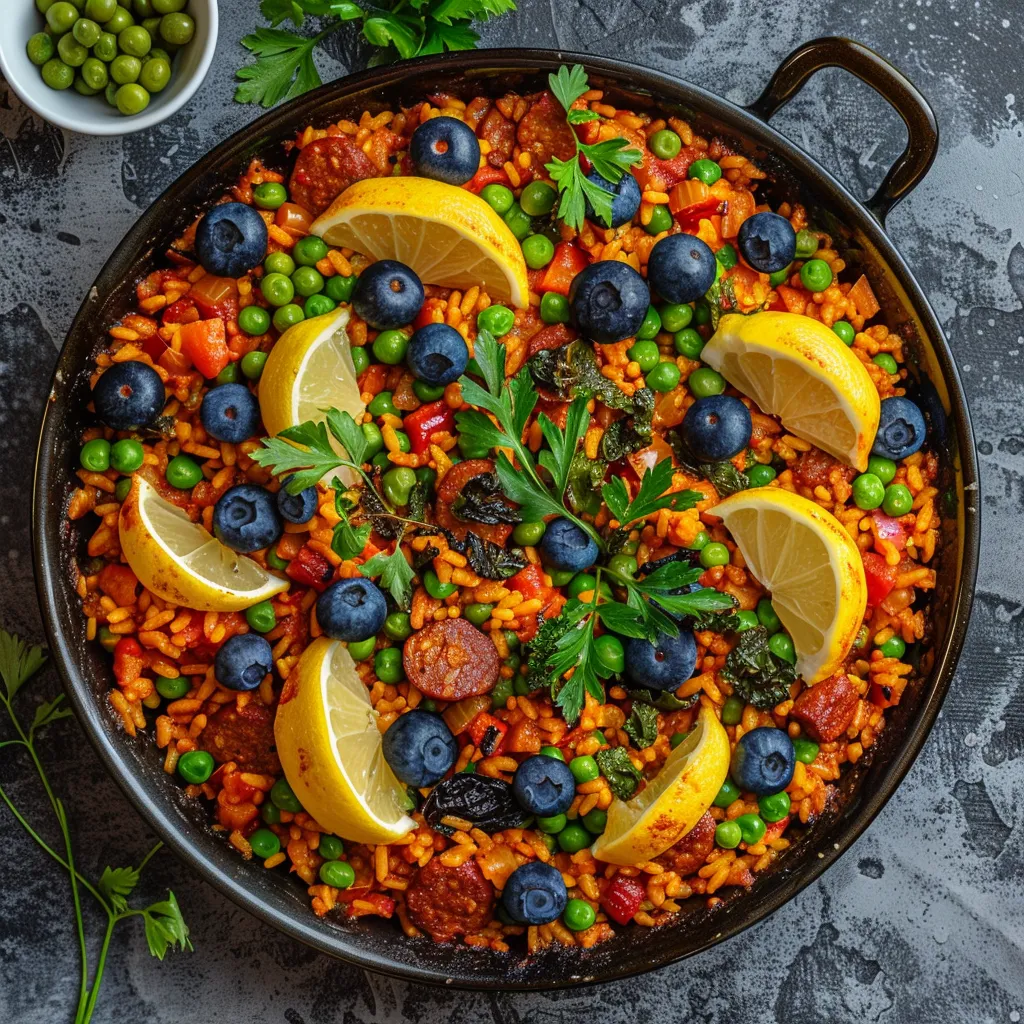 A vibrant canvas of colorful Spanish paella in an earthy, rustic Paella pan. Glossy, plump blueberries lend specks of blue and purple amongst crumbles of rich red chorizo and golden saffron-infused rice. Bright green peas and red bell peppers peek through this enticing medley. Accents of fresh parsley and lemon wedges at the rim of the pan complete the picture.