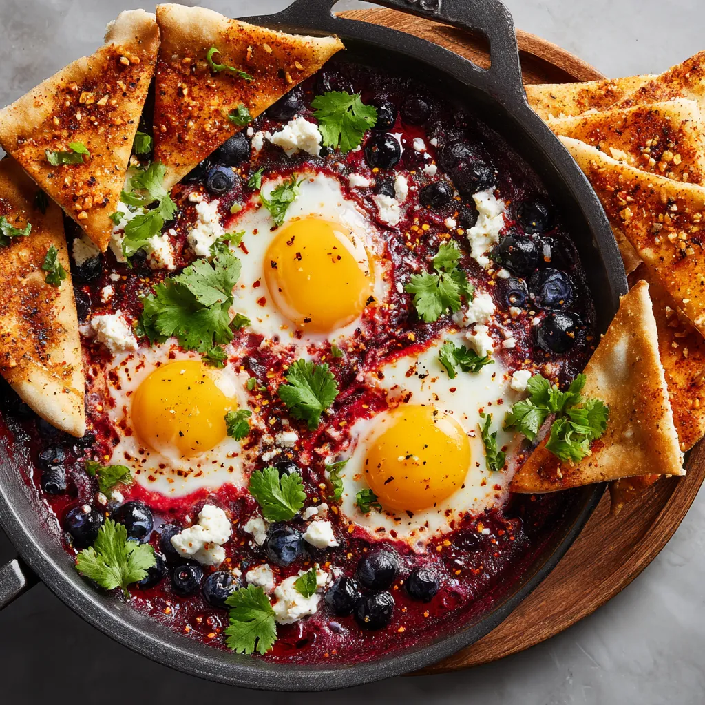 A vibrant, hue of red sauce sprinkled with glossy blueberries and speckled with white crumbs of feta cheese. Two glistening yolks sunken in this colorful backdrop. The array of toasted pita chips on the side have a warm golden brown texture and sprinkled with specks of green and red spices. The whole dish is garnished with fresh green cilantro leaves that brighten up the plate.