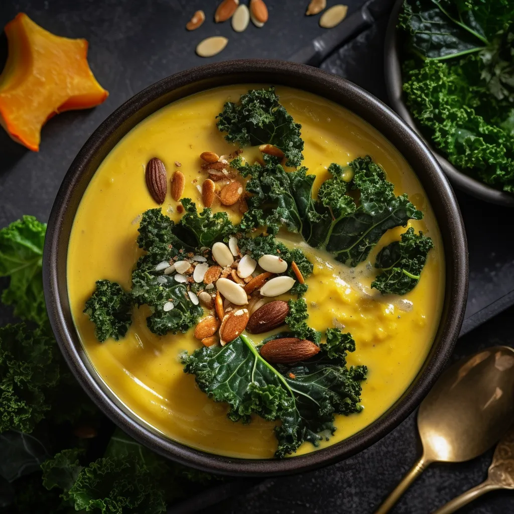 A creamy and bright orange soup garnished with sautéed kale.