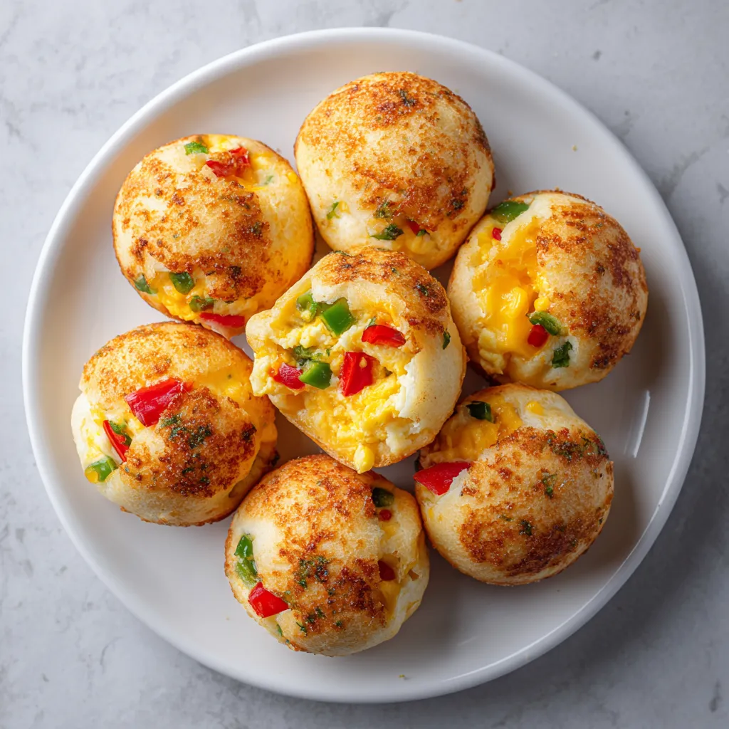 From the top, you can see cheese-dusted golden brown Pão de Queijo with a slight ooze of yellow scrambled egg stuffing peeking out. The vibrant red and green peppers add a great pop of color, scattered across the white plate.