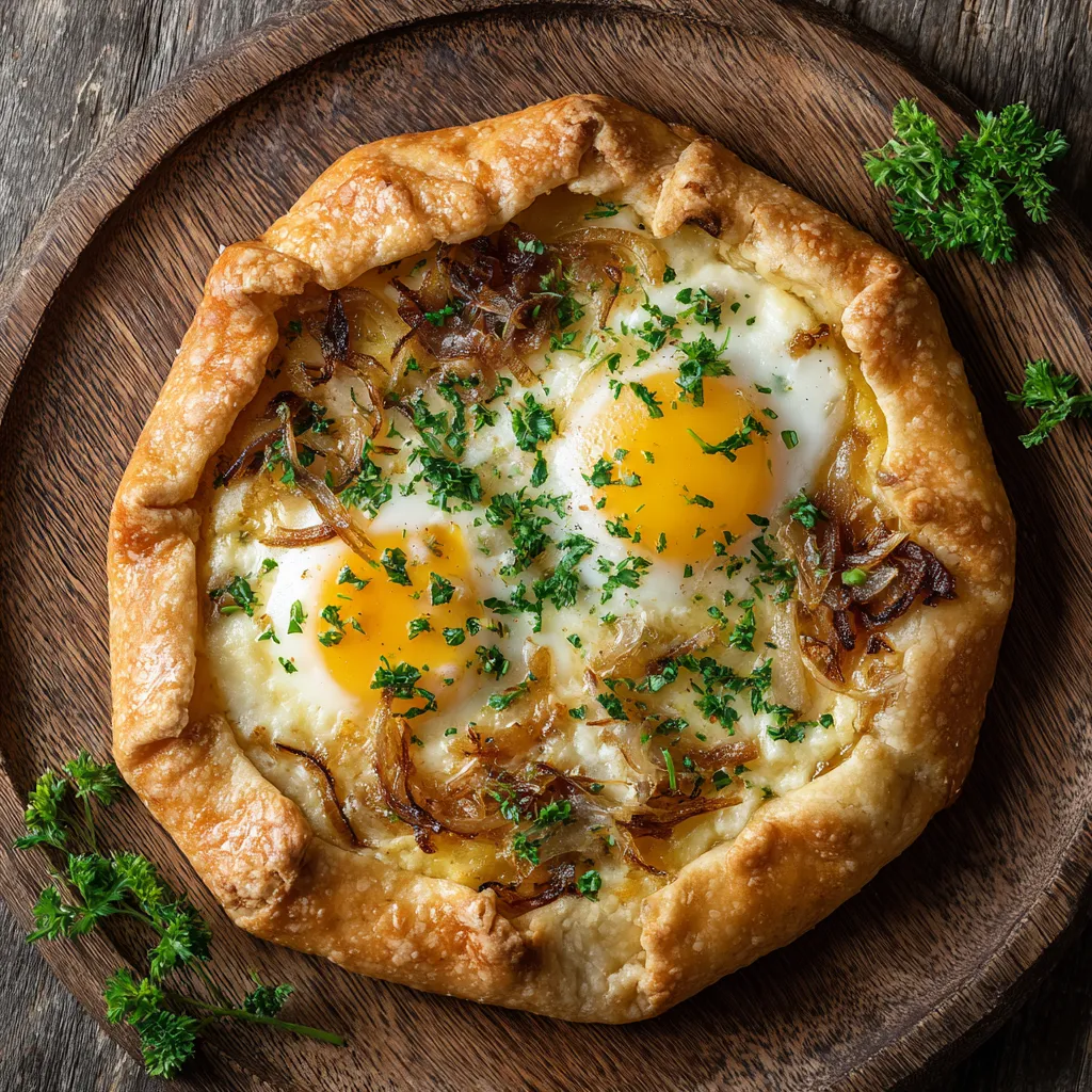 From above, you witness a beautifully golden, thin, round galette sitting pretty on a weathered wooden platter. The rich, yellow eggs with pockets of melted brie peeking through and caramelized shallots scattered on top gives a rustic elegance. Chop parsley sprinkled over the top adds a pop of color.